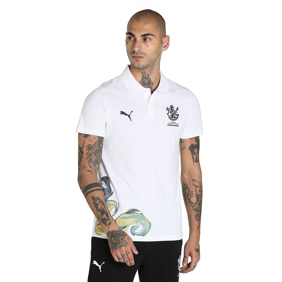 PUMA X Royal Challengers Bangalore (RCB) Graphic Men Graphic Print Polo Neck Cotton Blend White T-Shirt