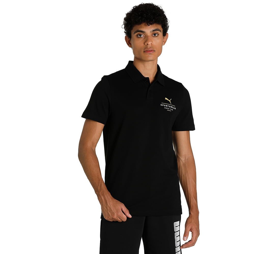 PUMA Graphic I Men Solid Polo Neck Cotton Blend Black T-Shirt