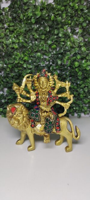 Arisers Brass Maa Durga Idol Sitting On Lion Murti Devi Statue for Home Mandir Office Living Room Shop Gift Navratra Puja Multicolor Stone Work Color