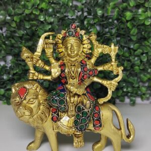 Arisers Brass Maa Durga Idol Sitting On Lion Murti Devi Statue for Home Mandir Office Living Room Shop Gift Navratra Puja Multicolor Stone Work Color